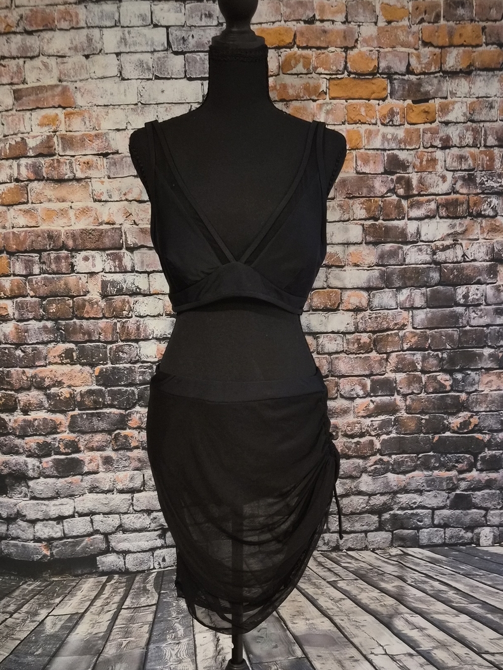 Black Two-Piece Sheer Ruched Bikini Skirt Set